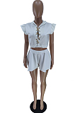 White Notched Neck Sleeveless Eyelet With Gold Chain Crop Top Shorts Sets BM7199