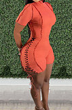 Orange Women Bandage Short Sleeve Hollow Out Romper Shorts LD81019-4