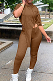 Black Solid Color Personality Hoodie Half Sleeve Top Tight Long Pants Sports Sets LM88802-1