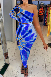 Blue Contrast Color Oblique Shoulder One Sleeve Long Skirts Sets YMT6214-2