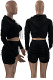 Black Ruffle Pure Color Hooded Zipper Long Sleeve Crop Top  Drawstring Shorts Sports Sets LM88801-3