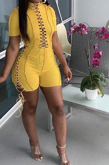 Yellow Women Bandage Short Sleeve Hollow Out Romper Shorts LD81019-2