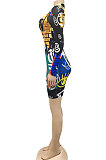 Yellow Euramerican Women Digital Printing Long Sleeve Round Neck Mini Dress XZ5159-1