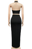 Black Sexy Sleeveless Cross Condole Blet Bandage Split Solid Color Skirts Sets XZ5155-1