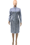 Blue Summer Lapel Neck Button Stripe Loose Stripe Shirt Dress KY3088-2