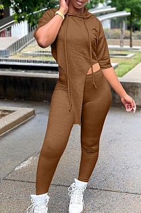 Coffee Solid Color Personality Hoodie Half Sleeve Top Tight Long Pants Sports Sets LM88802-3