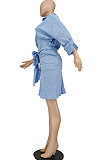 Light Blue Women Fashion Casual Button Tied T Shirt/Shirt Dress YBS86726-3