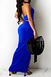 Blue Sexy Sleeveless Cross Condole Blet Bandage Split Solid Color Skirts Sets XZ5155-2