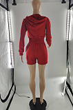 Red Solid Color Zipper Hooded Long Sleeve Drawstring Sports Shorts Sets SQ90077-3