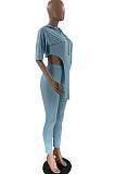 Aqua Blue Solid Color Personality Hoodie Half Sleeve Top Tight Long Pants Sports Sets LM88802-2