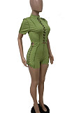 Green Women Bandage Short Sleeve Hollow Out Romper Shorts LD81019-1