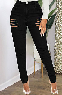 Black High Waist Bodycon Hole Jeans Long Pants WE9030-3
