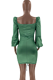 Grass Green Glossy Low-Cut Bandage Lantern sleeve Hollow Out Tight Hip Dress LM88812-1