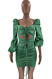 Grass Green Glossy Low-Cut Bandage Lantern sleeve Hollow Out Tight Hip Dress LM88812-1