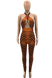 Orange Positioning Print Halter Neck Strapless Hollow Out Backless Bodycon Jumpsuits SZS8030-1