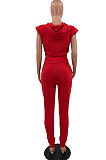 Red Casual Hoodie Sleeveless With Pocket Drawstring Long Pants Sports Two Piece OH8081