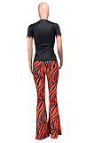 Red Casual Round Neck Letter Print Short Sleeve Mid Waist Long Flare Pants Sets YMT6213-2