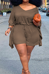 Brown Plus Size Pure Color Off Shoulder Horn Sleeve Drawstring Shorts Two Piece ZQ8098-5