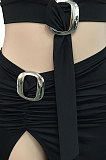 Black Sexy Sleeveless Cross Condole Blet Bandage Split Solid Color Skirts Sets XZ5155-1