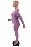 Purple Fall Winter Pure Color Round Neck Long Sleeve Drawstrint Long Pants Sport Sets TD80058-3