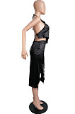 Black Silk Satin Sexy Halter Neck Backless Bandage Tank Drawstring Slit Skirts Two Piece LML257-2