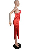 Rose Red Glossy Condole Belt Adjust Low Cut Slit Dress LML256-1