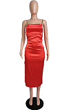 Red Glossy Condole Belt Adjust Low Cut Slit Dress LML256-2