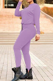Purple Fall Winter Pure Color Round Neck Long Sleeve Drawstrint Long Pants Sport Sets TD80058-3