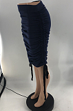 Navy Blue Two Sides Drawstring Pure Color Mid Waist Skirts S66301