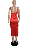 Rose Red Glossy Condole Belt Adjust Low Cut Slit Dress LML256-1