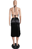 Black Silk Satin Sexy Halter Neck Backless Bandage Tank Drawstring Slit Skirts Two Piece LML257-2