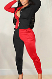 Red Spliced Black Lapel Neck Long Sleeve Button Shirt Long Pnats Casual Sets OEP6302-2