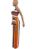 Orange Blue Women Pocket Printing Smocking Stitch Condole Belt Wide Leg Jumpsuits HXY88072-1