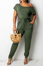 Army Green Oblique Shoulder Short Sleeve Waist Strap Pure Color Wide Leg Jumpsuits OH8086-2