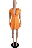 Orange Pure Color Deep V Neck Short Sleeve Casual T Shirt Dress LML254-1