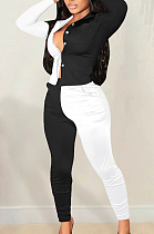 Black Spliced  White Lapel Neck Long Sleeve Button Shirt Long Pnats Casual Sets OEP6302-1
