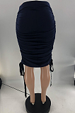Navy Blue Two Sides Drawstring Pure Color Mid Waist Skirts S66301
