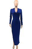 Blue Hoodie Long Sleeve Backless Broadside Slit Pure Color Ridder T Shirt Long Dress KY3089-2