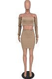 Camel Tight Pure Color Strapless Long Sleeve Crop Top Slim Fitting Short Skirt Sets HY5236-2