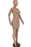 Camel Tight Pure Color Strapless Long Sleeve Crop Top Slim Fitting Short Skirt Sets HY5236-2