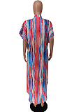 Colorful Print Colour Bar Loose Pocket Round Neck Single Breasted Shirt Dress NRS8076-2