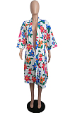 Navy Blue Women Print Loose Lapel Neck Kimono Coat Suntop LML260-2