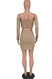 Black Tight Pure Color Strapless Long Sleeve Crop Top Slim Fitting Short Skirt Sets HY5236-1