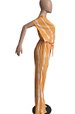 Yellow Stripe Tie Dye Print Sleeveless Loose V Neck Bandage Wide Leg Pants Two Piece LML258-1 
