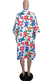 Navy Blue Women Print Loose Lapel Neck Kimono Coat Suntop LML260-2