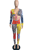 Colorful Color Matching Cashew Flowers Low Cut Tied Long Sleeve Bodycon Jumpsuits JG057  