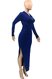 Blue Hoodie Long Sleeve Backless Broadside Slit Pure Color Ridder T Shirt Long Dress KY3089-2