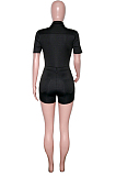 Black Casual Lapel Neck Short Sleeve Single-Breasted Romper Shorts SN390171-1