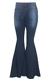 Dark Blue Casual Hole High Waist Elastic Jean Flare Pants SMR2570