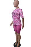 Pink Fashion Tie Dye Letter Print Round Neck Short Sleeve Shorts Casual Sets T231-1
